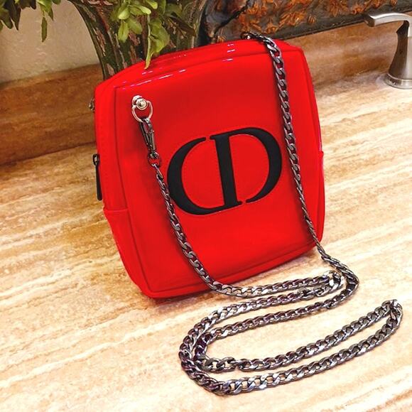 DIOR Crossbody RED w Chic Black Gunmetal Shoulder Chain converted CD Cosm. bag - Picture 10 of 16